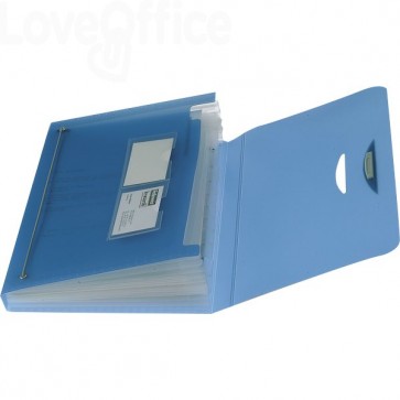 Cartella a soffietto a 12 scomparti Leonardi con elastico - Blu Trasparente - 33,3 x 24 x 3 cm - polipropilene