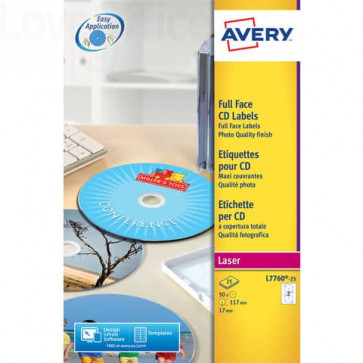 Etichette Full-Face CD Avery per Laser - Bianco effetto glossy - 2 et/ff - ø117 mm - 25 fogli - L7760-25 (conf.50 etichette)