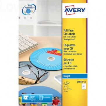Etichette Full-Face CD Avery per stampanti Ink-jet - Bianco lucido - ø117 mm - 2 et/ff - 25 fogli - C9660-25 (conf.50 etichette)