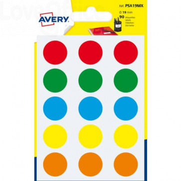 Etichette rotonde in bustina Avery - colori assortiti - ø19 mm - scrivibili a mano - 6 fogli (90 etichette)