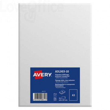 Etichette A3 in poliestere Avery - da -7ºC a +60ºC - 297x420 mm - A3L003-10 (10 etichette)