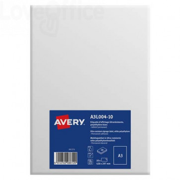 Etichette A3 Bianche opaco in teslin Avery - da -40ºC a +150ºC - 297x420 mm - A3L004-10 (10 etichette)