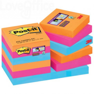 Foglietti riposizionabili Post-it® Super Sticky colori Bangkok - 51x51 mm - fluo: Arancio, Rosa, Azzurro (conf.12)