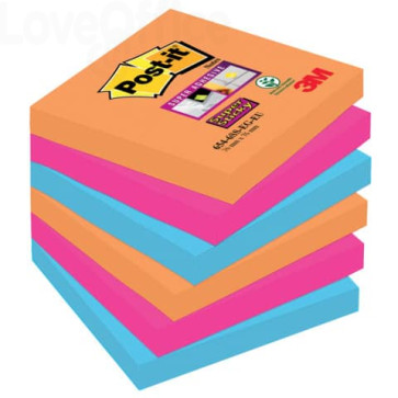 Foglietti riposizionabili Post-it® Super Sticky colori Bangkok - 76x76 mm - fluo: Arancio, Rosa, Azzurro - 654-6SS-EG (conf.6)