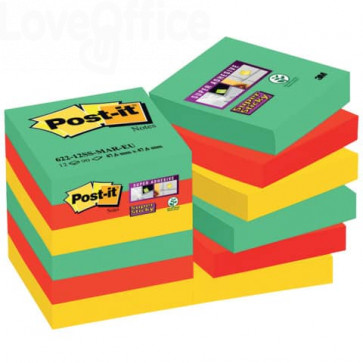 Foglietti Post-it® Super Sticky Notes - Marrakesh - 47,6x47,6 mm (conf.12 blocchetti 90 fogli Giallo, Verde neon, fucsia)
