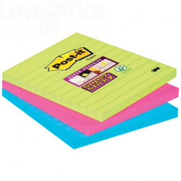 Foglietti Post-it® Super Sticky Notes a righe - Formato XL - Neon - 101x101 mm (conf.3 da 70 Verde neon, ultra blu, ultra rosa)