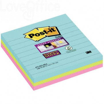 Foglietti Post-it® Super Sticky Notes a righe - Formato XL - Miami - 101x101 mm (conf.3 da 70 fogli Acqua, Verde, Rosa)