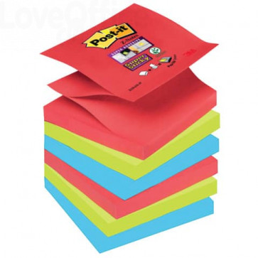 Ricariche foglietti Post-it® Super Sticky - Z-Notes - Bora Bora - 76x76 mm (conf.6 blocchetti da 90 fogli Rosso rubino, Verde smeraldo, Acqua marina)