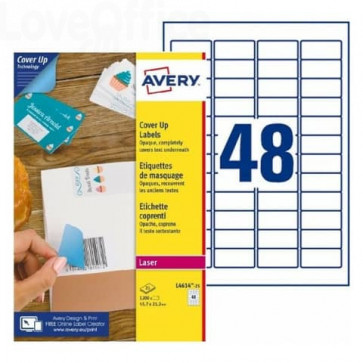 Etichette Bianche coprenti Avery BlockOUT™ 45,7x21,2 mm - 48 et/foglio - stampanti laser - L4614-25 (conf.25 fogli)