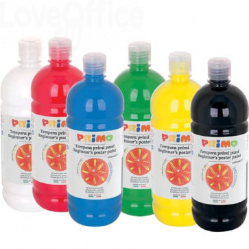 Tempera brillante Primo Primi Passi - scatola di cartone - 6 bottiglie colori primari assortiti - 1000 ml