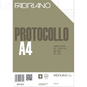 Fogli protocollo uso bollo Fabriano per stampanti - a righe con margini - 80 g/m² - A4 aperto (conf.500)