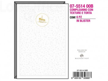 Biglietti augurali Kartos "Buon Compleanno" - 11,7x17 cm - texture con torta Oro (conf.6 biglietti con busta)