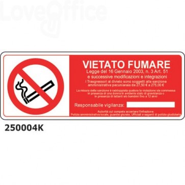 Cartello di divieto "Vietato fumare" 33x12,5 cm conf.15 pezzi - 250004K