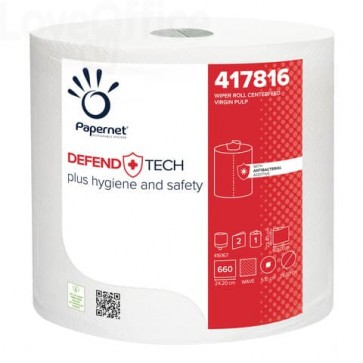 Bobina asciugatutto industriale Papernet Defend Tech - 2 veli pura cellulosa - H 23,4 x ø24 cm cm - Strappo 23,4x24,2 cm - Bianco - 660 strappi
