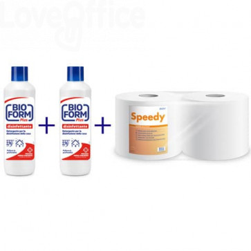 Kit 2x Disinfettante superfici Bioform Plus 1 litro - e da 1x Bobine asciugatutto Speedy Lucart (2 rotoli)