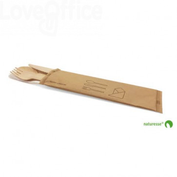 Set posate in legno monouso Scatolificio del Garda forchetta-coltello-cucchiaio tovagliolo Avana - 20380 (conf.250)