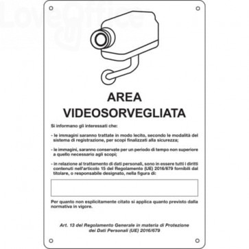Cartello area video 20x30 cm Immagine Bianca Cartelli Segnalatori "Area sottoposta a videosorveglianza'' - 33328