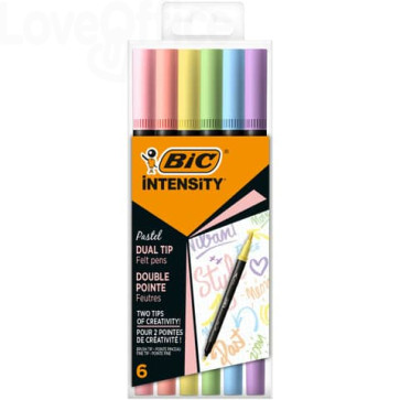 Pennarelli BIC Dual Tip Intensity con pennello - assortiti pastel - tratto 0,5-0,9 mm - doppia punta tonda-pennello (conf.6)
