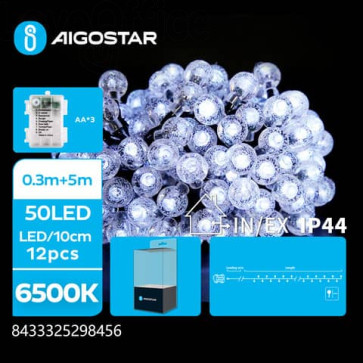 Catena luminosa a batteria Aigostar per interni ed esterni con lampadine a sfera luce fredda 6500K 50 led 5 m - 298456