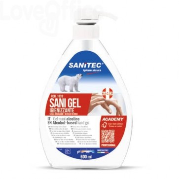 Gel igienizzante mani a base alcolica Sanitec Sani Gel Alcol 70% - Trasparente - flacone 600 ml, con dosatore - 1033