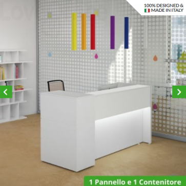 Banco Reception Lineare Avant LineKit con modulo contenitore Bianco e top/banner in legno - 204,5x80xh111 cm