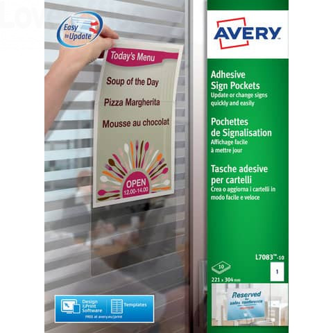 361 Tasche adesive A4 in plastica trasparenti per cartelli Avery - 221x304  mm - 1 etich/ff - L7083-10 (conf.10 fogli) 17.54 - Accessori Archiviazione  - LoveOffice®