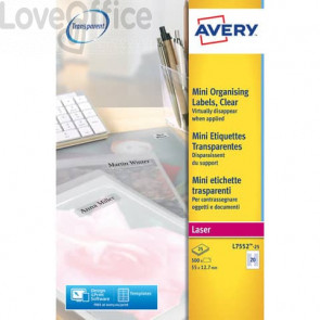 Mini etichette Avery - Laser - Trasparente - 55x12,7 mm - 20 etichette per foglio - L7552-25 (conf.25 fogli)