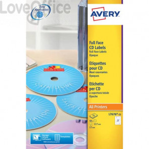 Etichette Full-Face CD Avery per stampanti Laser - Bianco finitura coprente Ø 117 mm - 2 et/ff - 25 fogli - L7676-25 (conf.50 etichette)