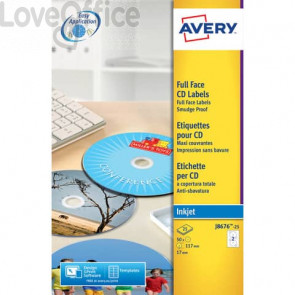 Etichette Full-Face CD Avery per stampanti Ink-jet - Bianco pat. opaco - 2 et/ff - J8676-25 (conf.50 etichette)