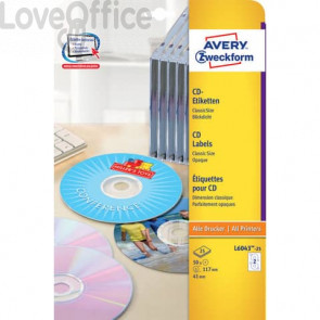 Etichette Classiche CD Avery per stampanti Laser ed Ink-jet - Bianco - Ø 117 mm - 2 et/ff - 25 fogli - L6043-25 (conf.50 etichette)