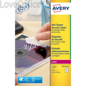 Etichette anti-manomissione bianche per stampanti laser Avery - 63,5x29,6 mm - 27 et./foglio - 20 fogli - L6114-20 (540 etichette)