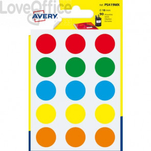 Etichette rotonde in bustina Avery - colori assortiti - Ø 19 mm - scrivibili a mano - 6 fogli (90 etichette)