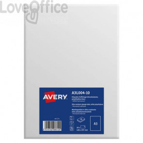 Etichette A3 bianche opaco in teslin Avery - da -40ºC a +150ºC - 297x420 mm - A3L004-10 (10 etichette)