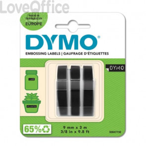 Nastri a rilievo per etichettatrici Dymo vinile Omega e Junior - 9 mm x 3 m - Nero (blister da 3)