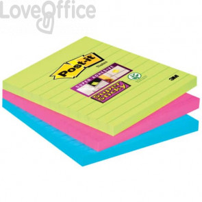 Foglietti Post-it® Super Sticky Notes a righe - Formato XL - Neon - 101x101 mm (conf.3 da 70 verde neon, ultra blu, ultra rosa)