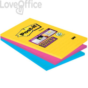 Foglietti Post-it® Super Sticky Notes a righe - Formato XXL - Rio - 100x152 mm (conf.3 blocchetti da 90 fogli Giallo oro, fucsia, Blu mediterraneo)