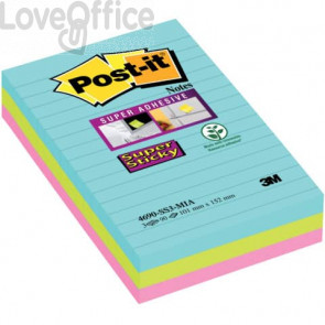 Foglietti Post-it® Super Sticky Notes a righe - Formato XXL - Miami - 100x152 mm (conf.3 blocchetti da 90 fogli Acqua, Verde, Rosa)