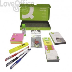 Kit dimostrativo da scrivania Q-Connect - penne gel, calcolatrice, colla, nastro adesivo, post-it, evidenziatore, correttore e segnapagina