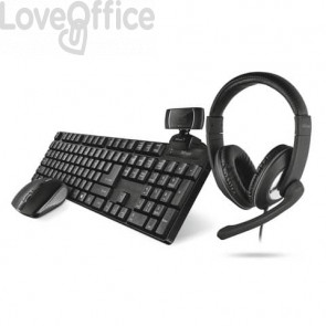 Set 4-in-1 Home Office Trust QOBY Nero tastiera wireless + mouse wireless + webcam HD + cuffie over-ear - 24041