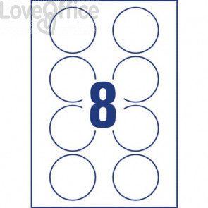 Badge adesivi per tessuti rotondi Avery Ø 65 mm - Bianco - 8 et/foglio - stampanti laser - L4881-20 (conf.20 fogli)