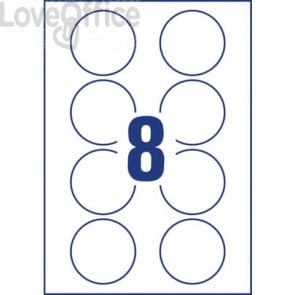 Badge adesivi per tessuti rotondi Avery Ø 65 mm - Bianco - 8 et/foglio - stampanti Ink-jet - J4881-20 (conf.20 fogli)