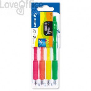 Penne gel a scatto Pilot G-2 Neon - punta media 0,7 mm - 4 colori: Giallo, rosa, Arancione e Verde (Set 4 pezzi)
