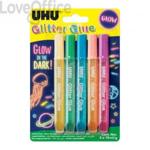 Colla Glitter Uhu Glue Glow in the dark -10 ml - colori assortiti - Confezione da 5 pezzi - D1654
