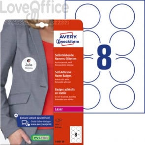 Badge adesivi per tessuti rotondi Avery Ø 65 mm - Bianco - 8 et/foglio - stampanti laser - L4881-20 (conf.20 fogli)