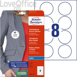 Badge adesivi per tessuti rotondi Avery Ø 65 mm - 8 et/foglio - stampanti inkjet Conf. 20 fogli -  J4881-20