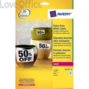 Etichette in poliestere Avery - laser - bianco - Ø 30 mm (800 etichette)