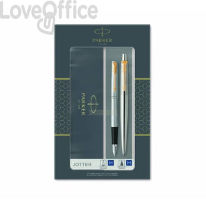 Gift set DUO Parker - Penna a sfera Jotter Stainless Steel GT + stilografica inchiostro blu - Tratto M (set 2 pezzi)