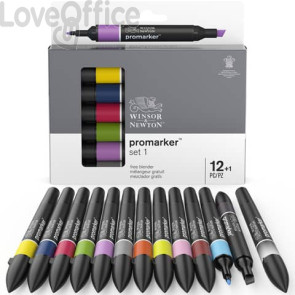 Set 12 pennarelli doppia punta Promarker Winsor&Newton colori assortiti + pennarello blender