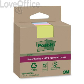 Foglietti riposizionabili Post-it®Super Sticky carta riciclata al 100% assortiti 76x76 mm - 3 blocchetti da 70 ff - Assortiti