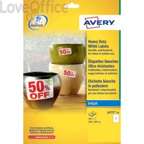Etichette poliestere per stampanti inkjet Avery - 210x297 mm (conf.10 etichette)
